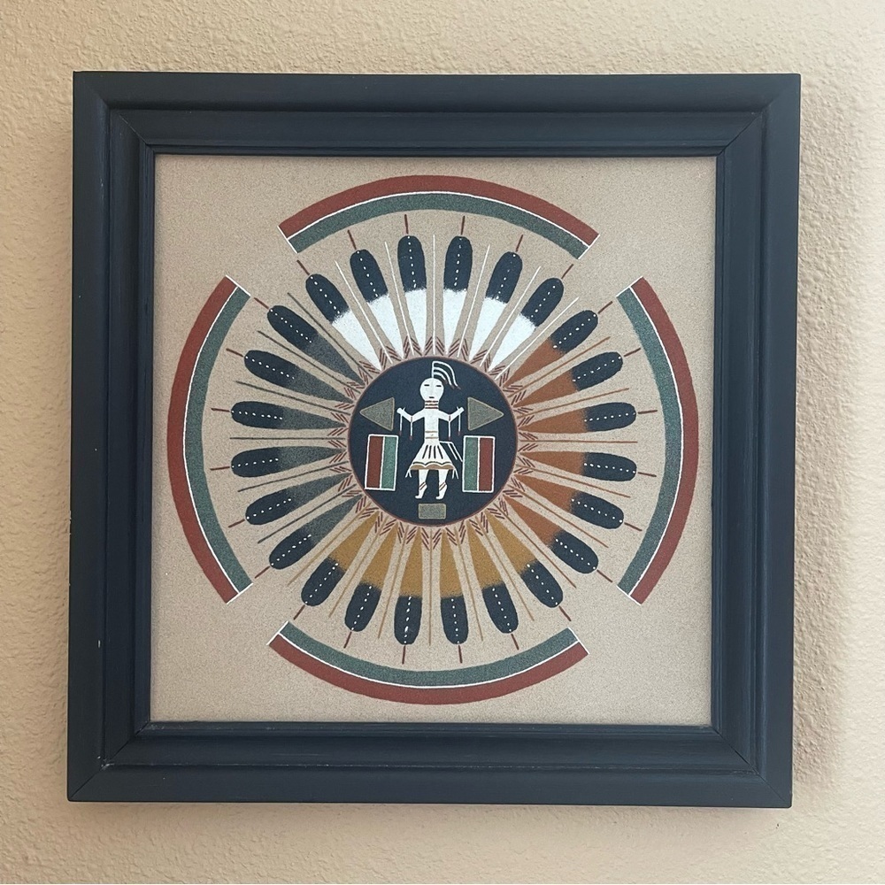 “Sun and Eagle” Navajo ceremonial framed sand painting